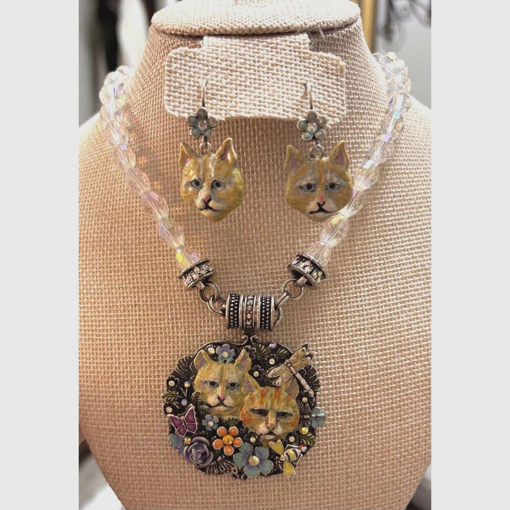 NWOT Vtg Kirks Folly Forget Me Not Cat Magnetic Enhancer Necklace & Earring Set